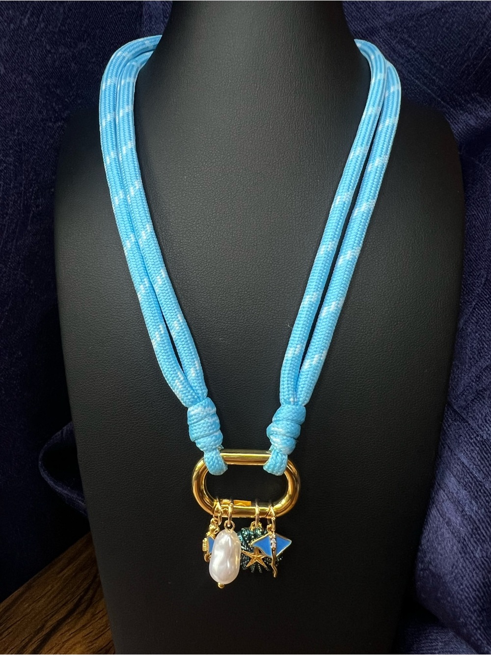 Turquoise Rope Necklace with Gold Carabiner and Seaside Charms NWOT